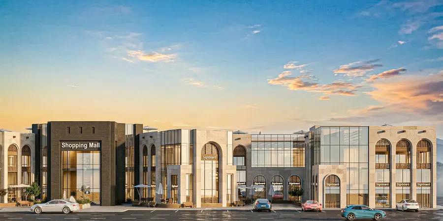 منظور نهاري لواجهة معارض تجارية من تصميم شركة العمارة الأندلسية في المدينة المنورة